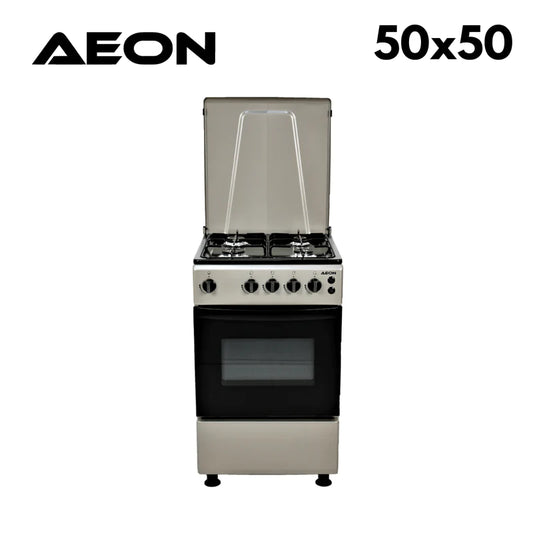AEON GAS COOKER/50x50/4 GAS/BLACK HOB/SILVER